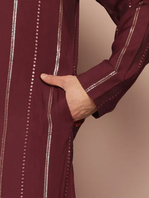 Men_Burgundy_And_Gold_Chanderi_Silk_Sequins_Kurta_With_Pyjama