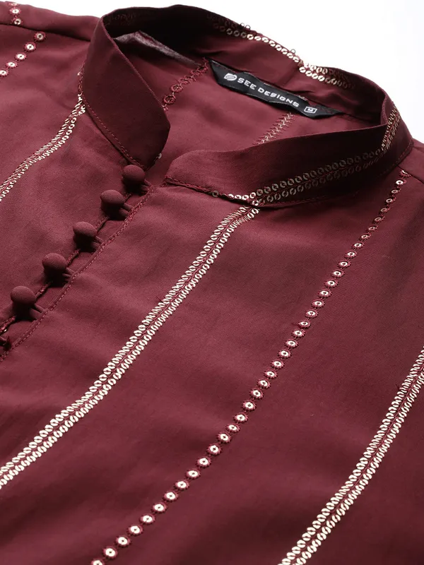Men's_Maroon_Chanderi_Silk_Kurta_with_Sequin_Embroidery,_Paired_with_Pyjama