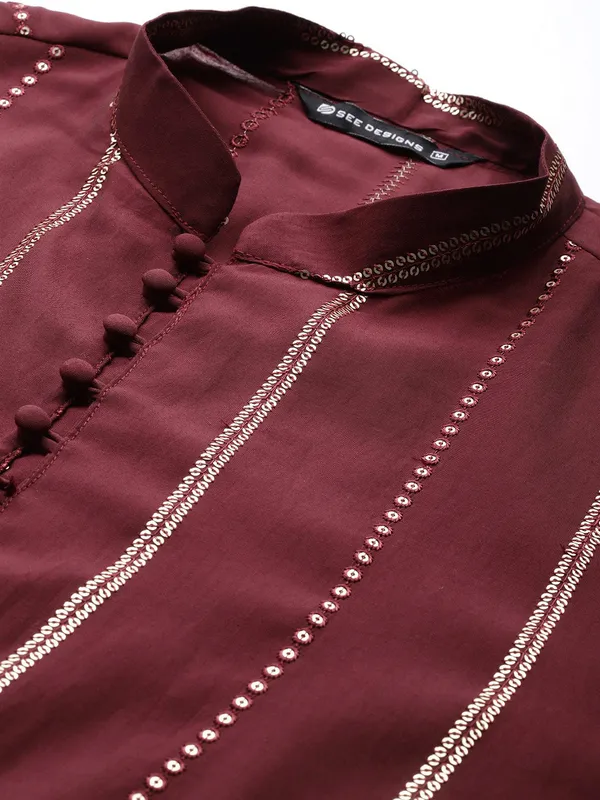 Men's_Burgundy_&_Gold_Sequined_Chanderi_Silk_Kurta