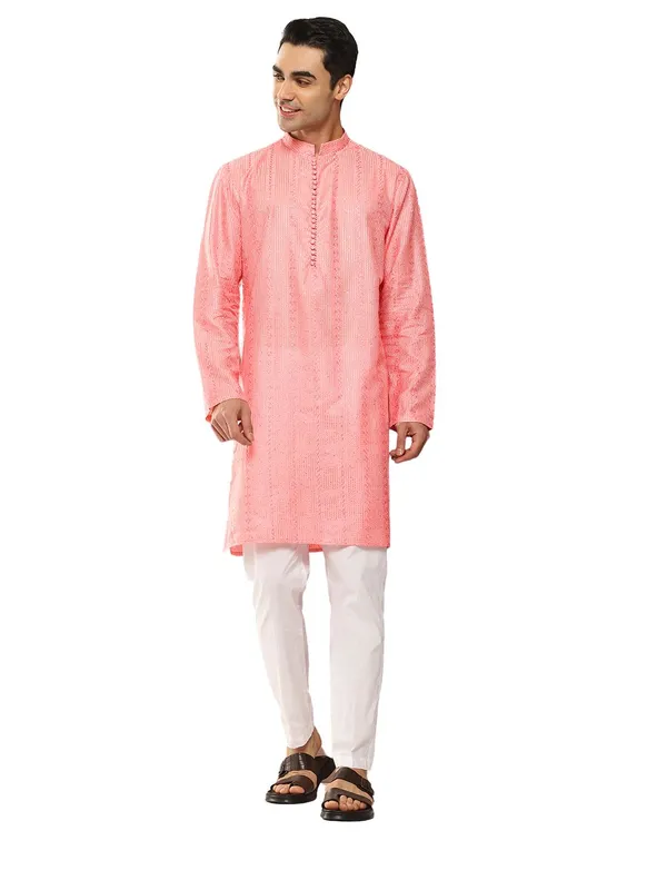 Men�s_Pink_Chanderi_Silk_Kurta_with_Embroidery_and_Sequins,_Paired_with_Pyjama