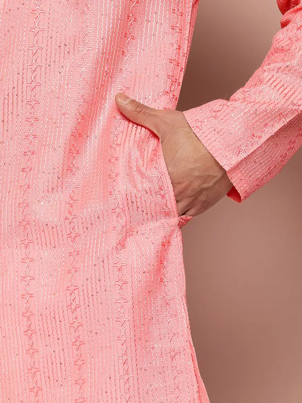 Men_Pink_Embroidered_Thread_Work_Sequinned_Chanderi_Silk_Straight_Kurta_With_Pyjama