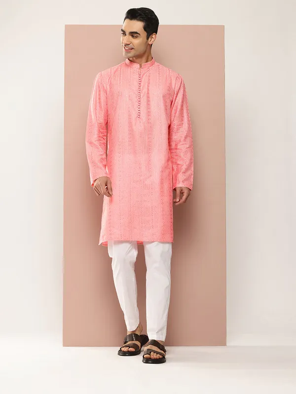 Men's_Pink_Embroidered_Threadwork_&_Sequined_Chanderi_Silk_Straight_Kurta