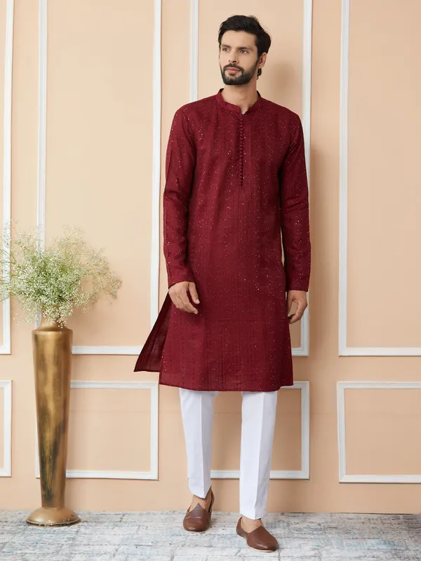 Men_Dark_Maroon_Embroidered_Thread_Work_Sequinned_Chanderi_Silk_Straight_Kurta_With_Pyjama