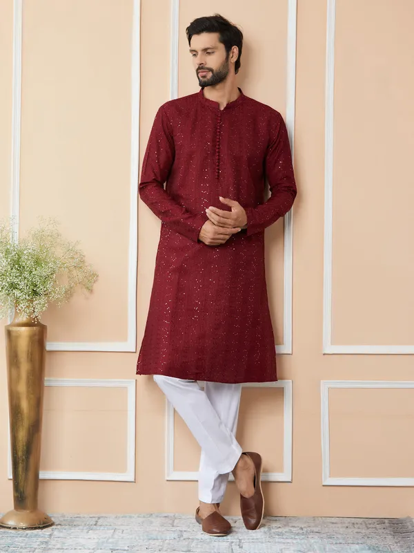 Men�s_Dark_Maroon_Chanderi_Silk_Kurta_with_Embroidery_and_Sequins,_Paired_with_Pyjama