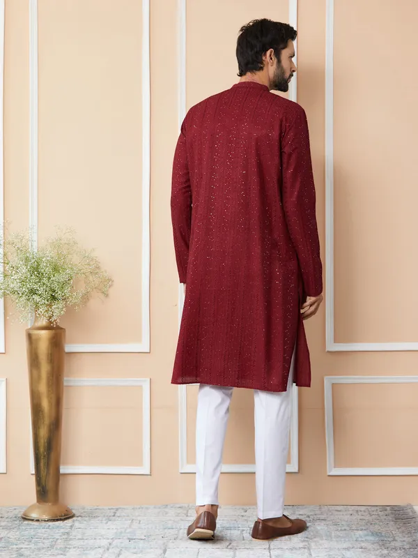 Men's_Dark_Maroon_Embroidered_Threadwork_&_Sequined_Chanderi_Silk_Straight_Kurta
