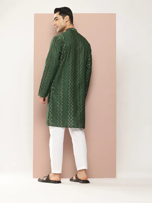 Men�s_Green_Chanderi_Silk_Kurta_with_Embroidery_and_Sequins,_Paired_with_Pyjama