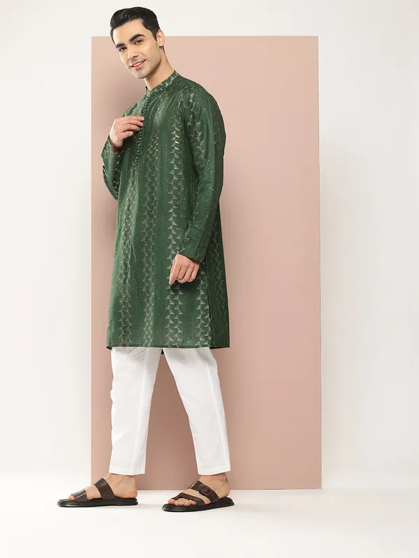 Men�s_Green_Chanderi_Silk_Kurta_with_Embroidery_and_Sequins,_Paired_with_Pyjama