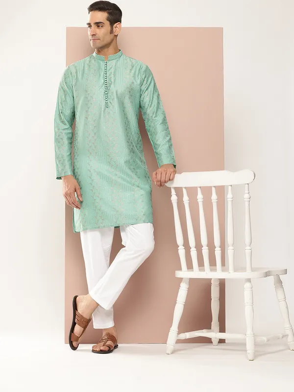 Men_Ice_Green_Embroidered_Thread_Work_Sequinned_Chanderi_Silk_Straight_Kurta_With_Pyjama