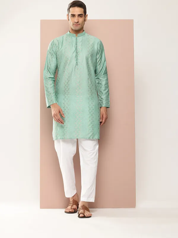 Men_Ice_Green_Embroidered_Thread_Work_Sequinned_Chanderi_Silk_Straight_Kurta_With_Pyjama