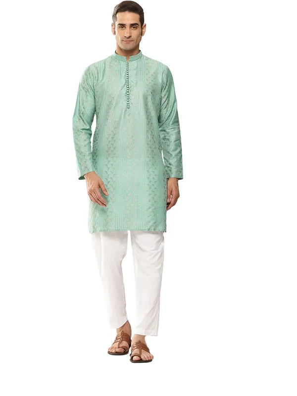 Men�s_Ice_Green_Chanderi_Silk_Kurta_with_Embroidery_and_Sequins,_Paired_with_Pyjama