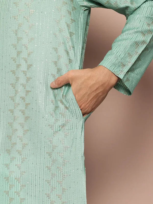 Men�s_Ice_Green_Chanderi_Silk_Kurta_with_Embroidery_and_Sequins,_Paired_with_Pyjama