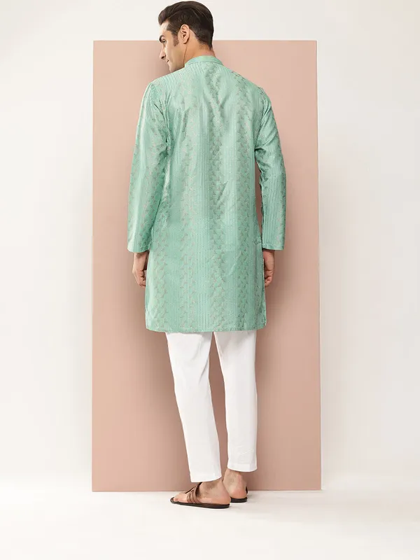Men�s_Ice_Green_Chanderi_Silk_Kurta_with_Embroidery_and_Sequins,_Paired_with_Pyjama