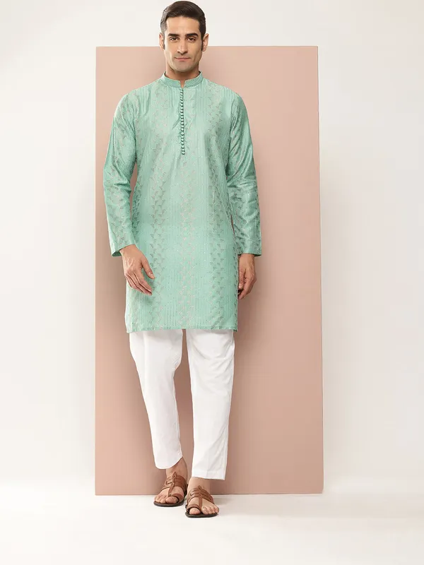 Men�s_Ice_Green_Chanderi_Silk_Kurta_with_Embroidery_and_Sequins,_Paired_with_Pyjama