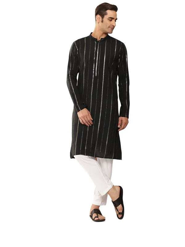Men�s_Black_Chanderi_Silk_Kurta_with_Embroidery_and_Sequins,_Paired_with_Pyjama