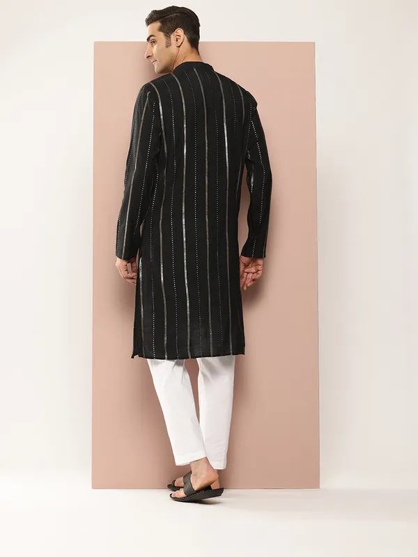 Men_Black_Sequins_Embroidered_Pure_Chanderi_Silk_Straight_Kurta_With_Pyjama