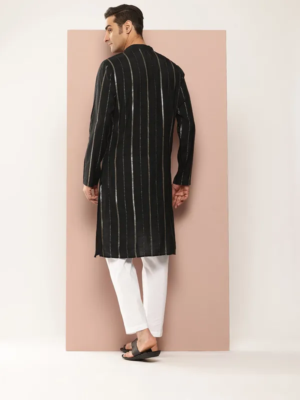 Men�s_Black_Chanderi_Silk_Kurta_with_Embroidery_and_Sequins,_Paired_with_Pyjama