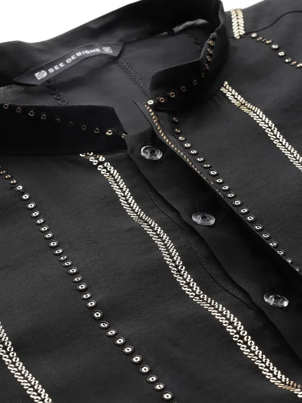 Men�s_Black_Chanderi_Silk_Kurta_with_Embroidery_and_Sequins,_Paired_with_Pyjama