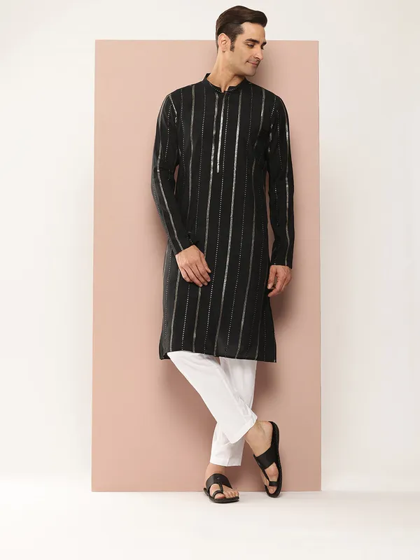 Men�s_Black_Chanderi_Silk_Kurta_with_Embroidery_and_Sequins,_Paired_with_Pyjama