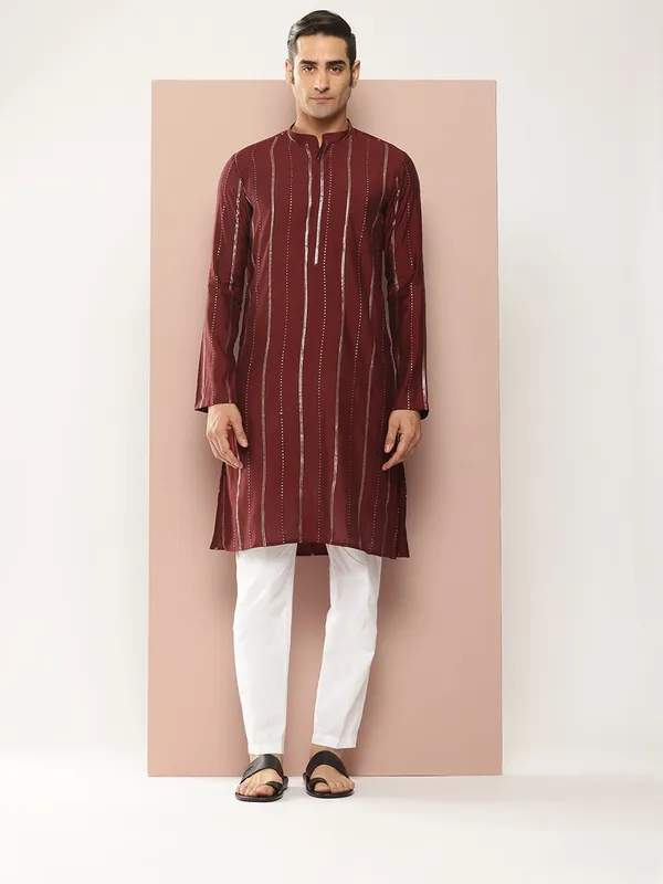 Men�s_Maroon_Chanderi_Silk_Kurta_with_Embroidery_and_Sequins,_Paired_with_Pyjama