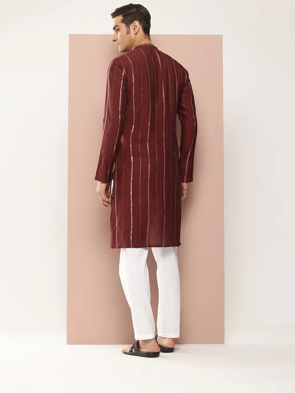 Men's_Maroon_Sequined_&_Embroidered_Pure_Chanderi_Silk_Straight_Kurta