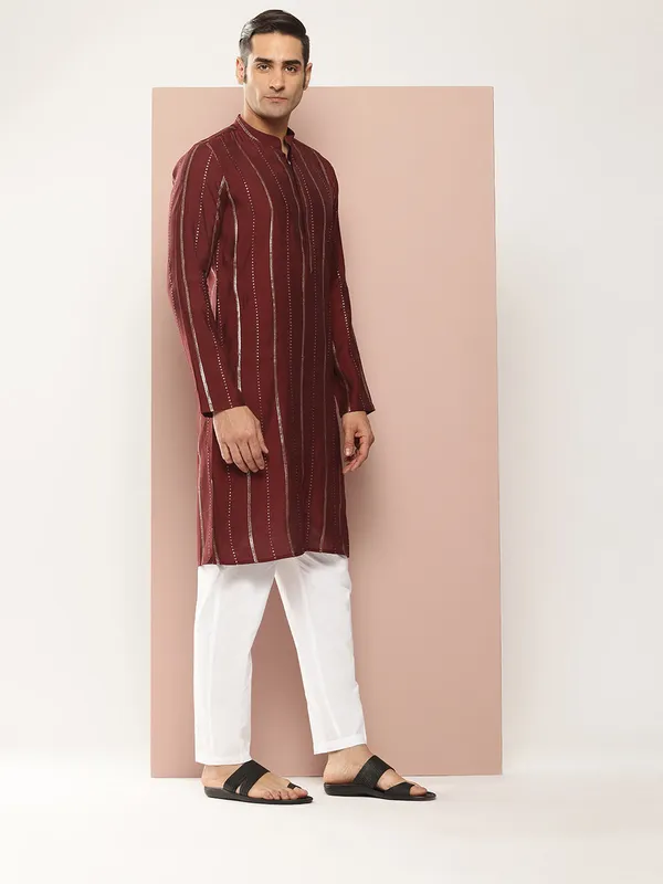 Men's_Maroon_Sequined_&_Embroidered_Pure_Chanderi_Silk_Straight_Kurta