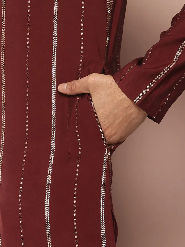 Men's_Maroon_Sequined_&_Embroidered_Pure_Chanderi_Silk_Straight_Kurta