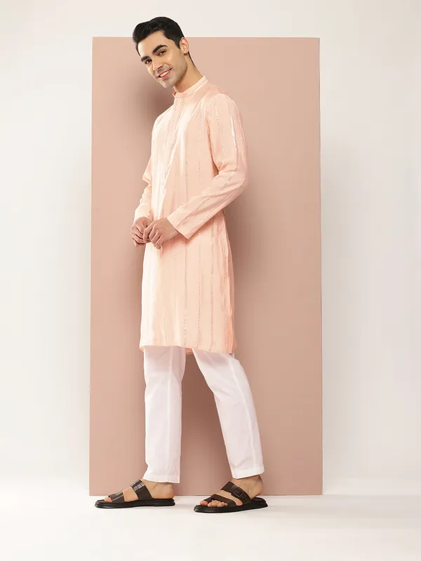 Men�s_Light_Pink_Chanderi_Silk_Kurta_with_Embroidery_and_Sequins,_Paired_with_Pyjama