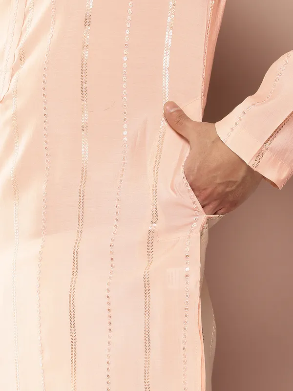 Men�s_Light_Pink_Chanderi_Silk_Kurta_with_Embroidery_and_Sequins,_Paired_with_Pyjama