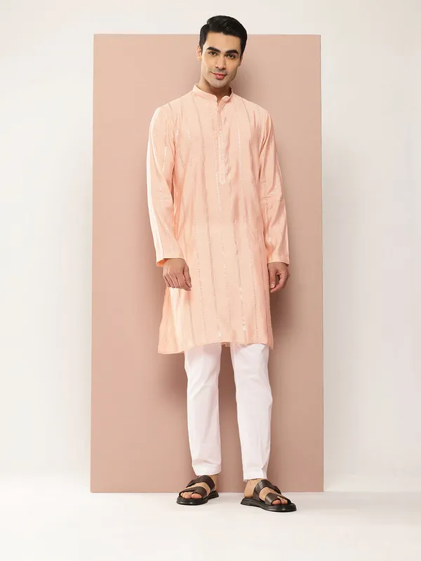 Men�s_Light_Pink_Chanderi_Silk_Kurta_with_Embroidery_and_Sequins,_Paired_with_Pyjama