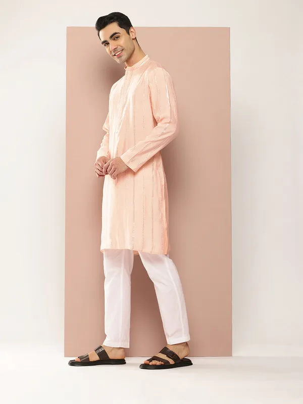 Men�s_Light_Pink_Chanderi_Silk_Kurta_with_Embroidery_and_Sequins,_Paired_with_Pyjama