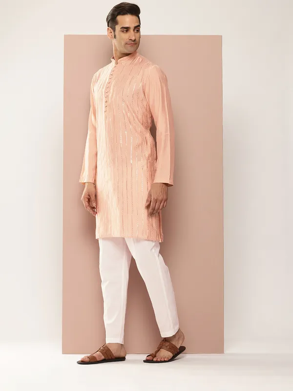 Light_Pink_Chanderi_Silk_Kurta_with_Embroidery_and_Sequins,_Paired_with_Pyjama