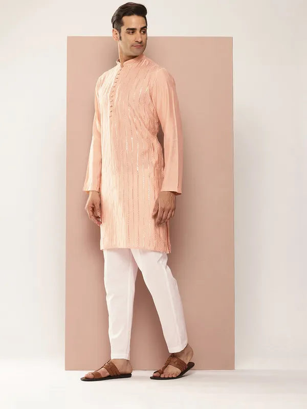 Light_Pink_Chanderi_Silk_Kurta_with_Embroidery_and_Sequins,_Paired_with_Pyjama