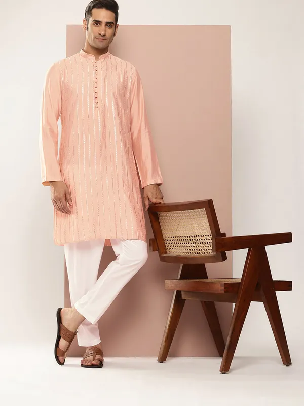 Men's_Soft_Pink_Sequined_&_Embroidered_Pure_Chanderi_Silk_Straight_Kurta