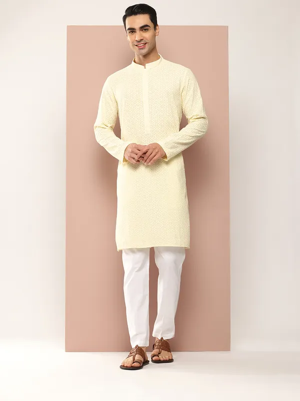 Men_Cream_Embroidered_Chikankari_Rayon_Straight_Kurta_With_Pyjama