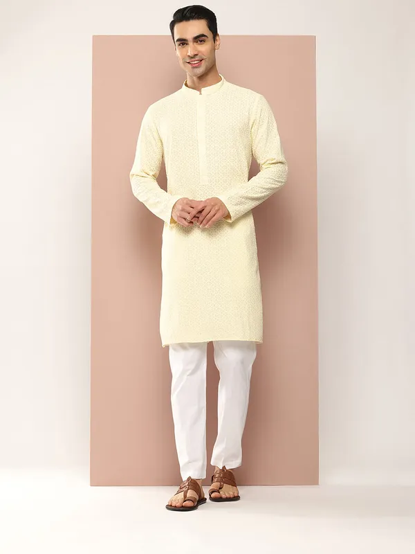 Men�s_Cream_Rayon_Kurta_with_Embroidered_Chikankari,_Paired_with_Pyjama