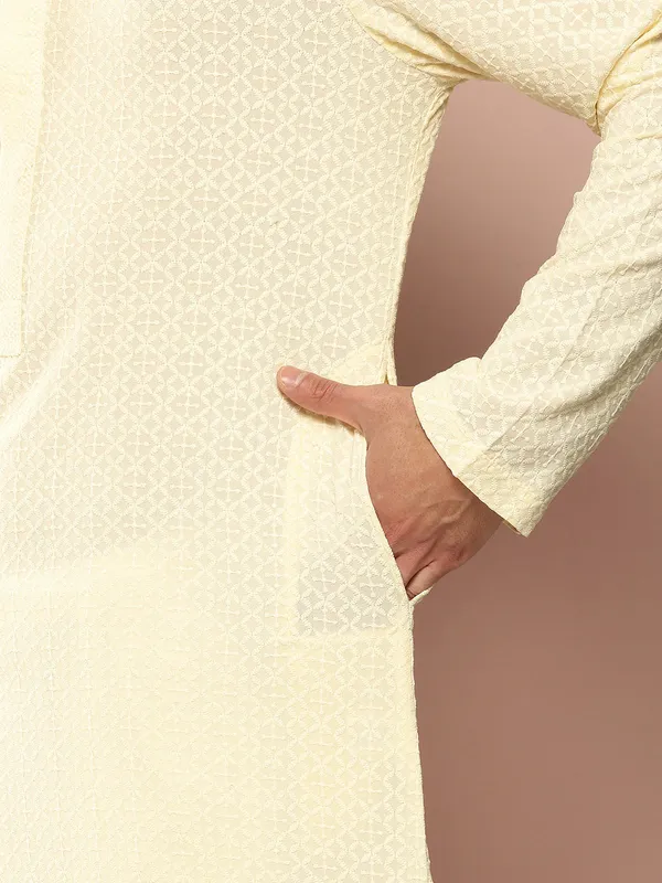 Men's_Cream_Embroidered_Chikankari_Rayon_Straight_Kurta