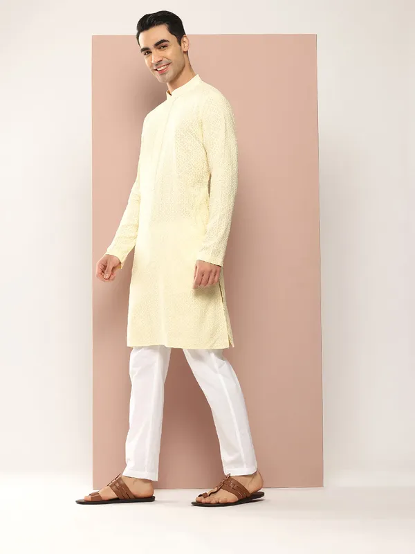 Men's_Cream_Embroidered_Chikankari_Rayon_Straight_Kurta