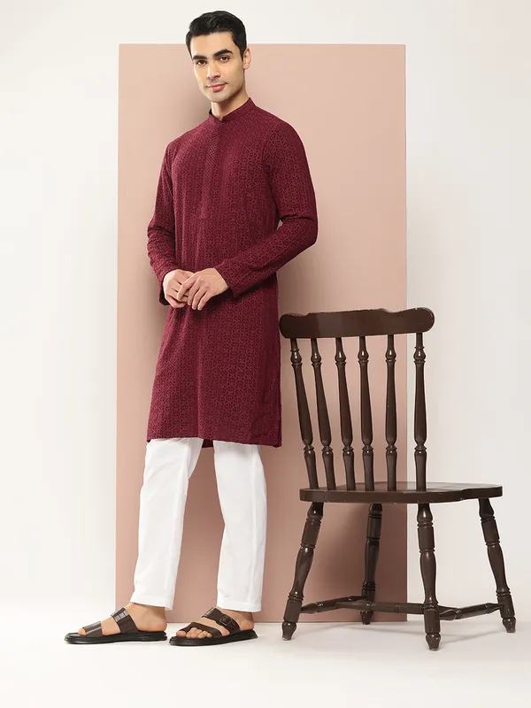 Men_Maroon_Embroidered_Chikankari_Rayon_Straight_Kurta_With_Pyjama