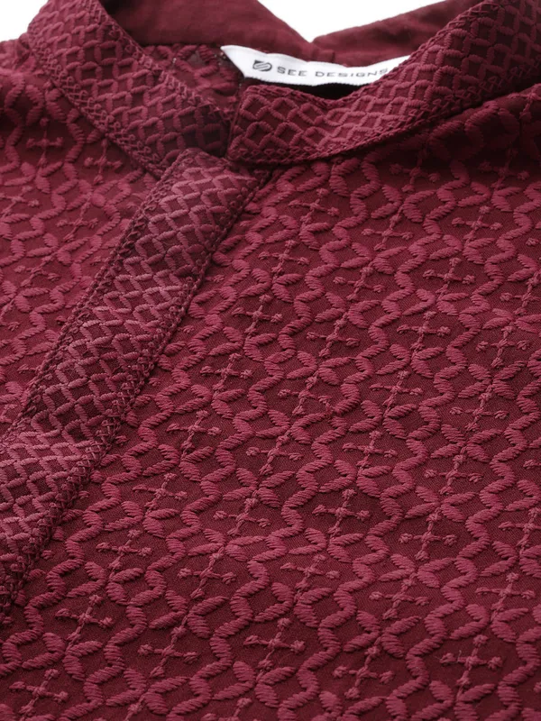 Men_Maroon_Embroidered_Chikankari_Rayon_Straight_Kurta_With_Pyjama