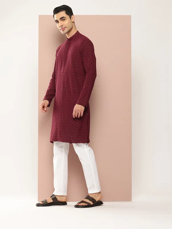 Men_Maroon_Embroidered_Chikankari_Rayon_Straight_Kurta_With_Pyjama