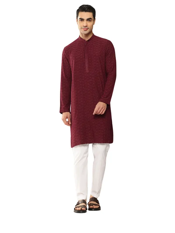 Men_Maroon_Embroidered_Chikankari_Rayon_Straight_Kurta_With_Pyjama