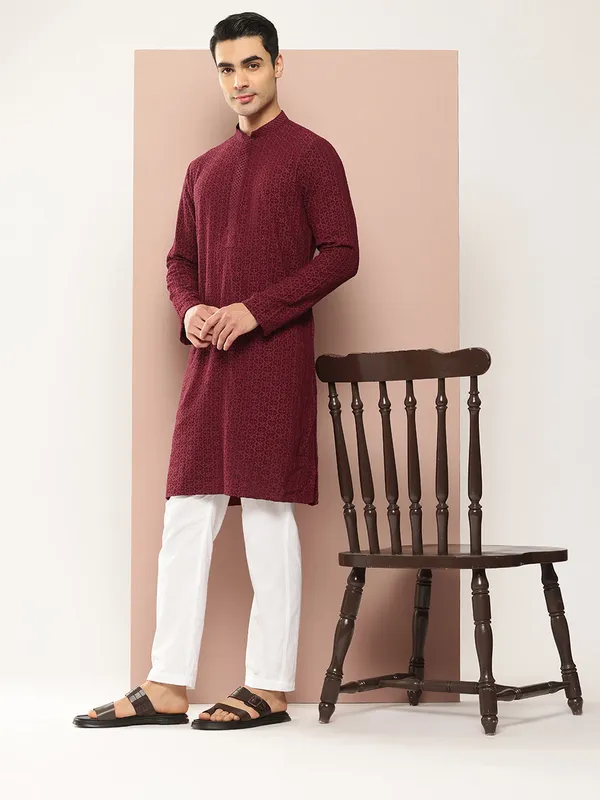 Men�s_Maroon_Rayon_Kurta_with_Embroidered_Chikankari,_Paired_with_Pyjama