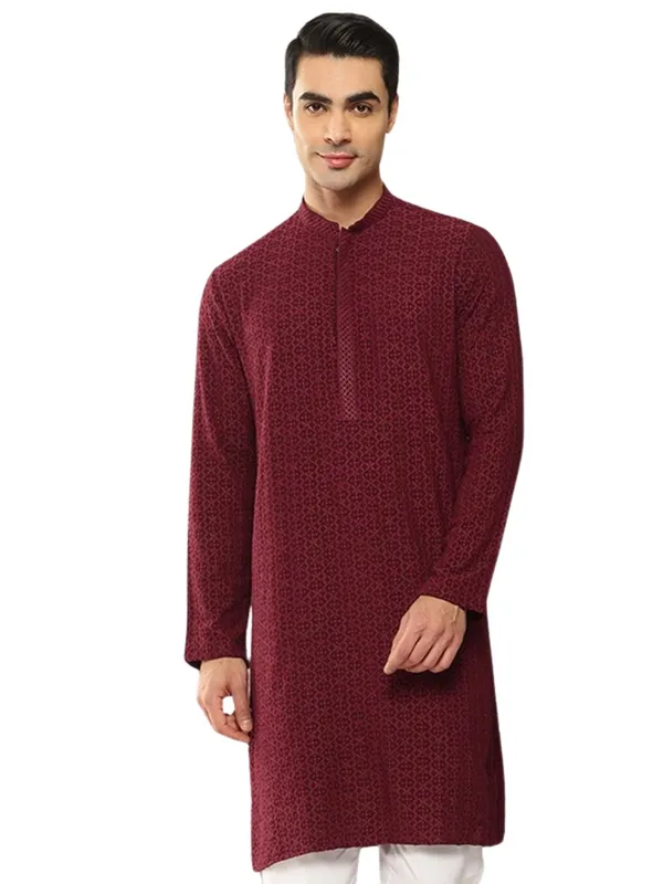 Men's_Maroon_Embroidered_Chikankari_Rayon_Straight_Kurta