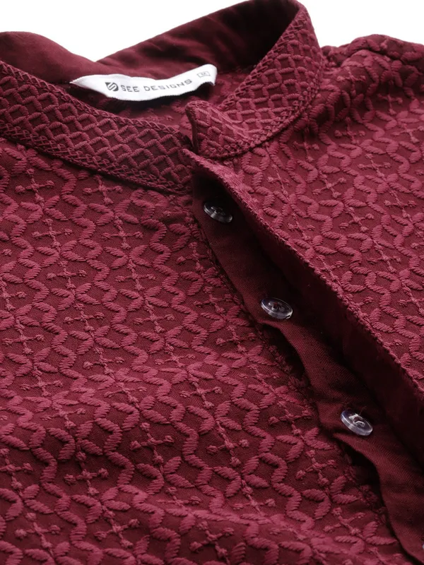 Men's_Maroon_Embroidered_Chikankari_Rayon_Straight_Kurta