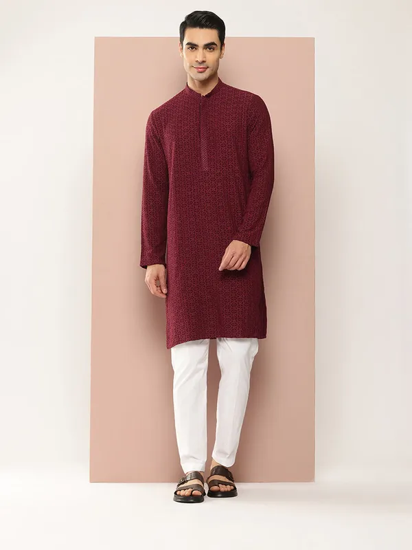 Men's_Maroon_Embroidered_Chikankari_Rayon_Straight_Kurta