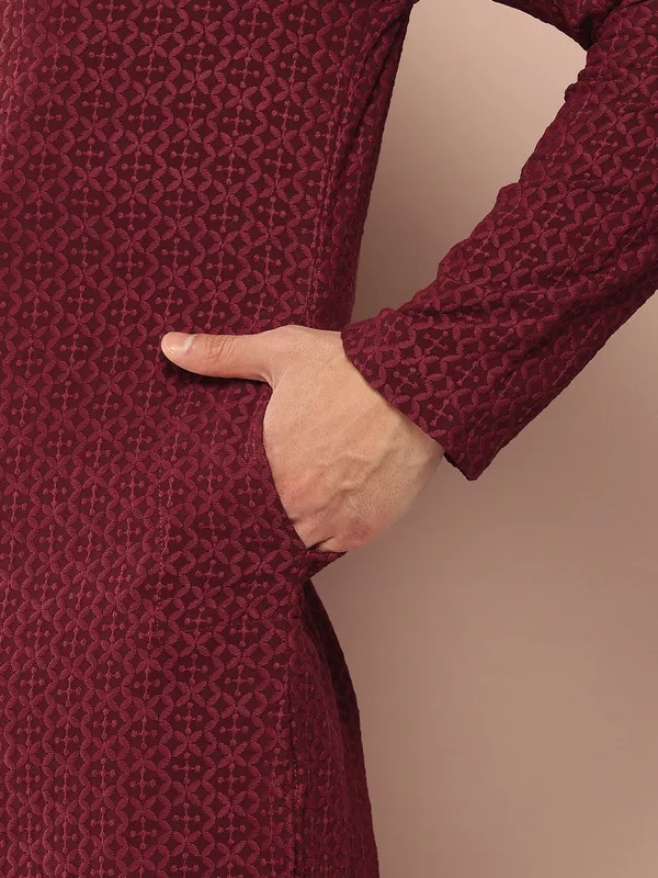 Men's_Maroon_Embroidered_Chikankari_Rayon_Straight_Kurta