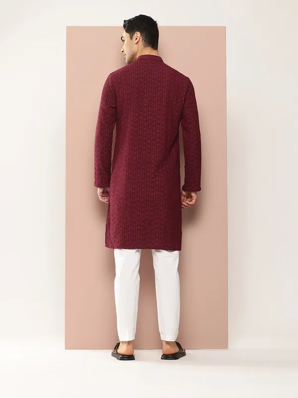 Men's_Maroon_Embroidered_Chikankari_Rayon_Straight_Kurta