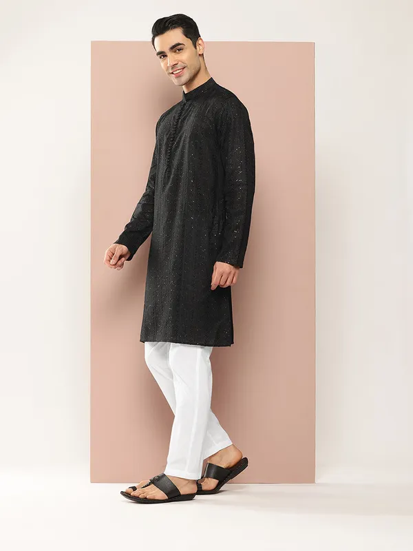 Men's_Black_Embroidered_Chikankari_Rayon_Straight_Kurta