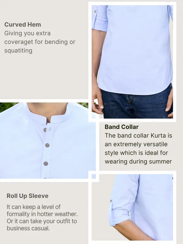 See_Designs_Men'S_Roll-Up_Sleeve_Mandarin_Collar_Blue_Solid_Cotton_Short_Kurta_-_Sddkt2954S