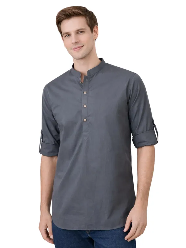 See_Designs_Men'S_Roll-Up_Sleeve_Mandarin_Collar_Dark_Gray_Solid_Cotton_Short_Kurta_-_Sddkt2986Xl